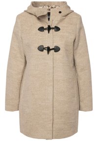 Cappotto beige in misto lana con cappuccio, dotato di due toggle neri e una superficie leggermente testurizzata. Silhouette dritta classica con maniche lunghe.