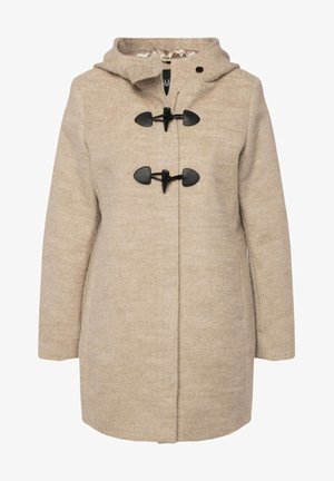 Beige wollen mix jas met een capuchon, voorzien van twee zwarte toggles en een iets gestructureerd oppervlak. Klassieke rechte silhouet met lange mouwen.