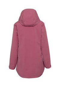 Rosa vattentät jacka med huva, långa ärmar och rak passform. Slät textur och sidofickor, designad för utomhusbruk.