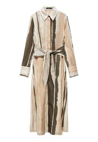 Langarm overhemdjurk in een gestreept patroon van beige, lichtbruin en olijfgroen, met een knoopsluiting aan de voorkant en een strik in de taille.