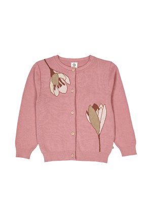 Roze cardigan met een ronde hals, voorzien van florale ontwerpen in crème en bruin. Vijf knopen aan de voorkant, geribbelde manchetten en onderrand.