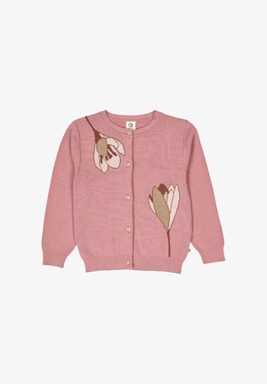 Roze cardigan met een ronde hals, voorzien van florale ontwerpen in crème en bruin. Vijf knopen aan de voorkant, geribbelde manchetten en onderrand.