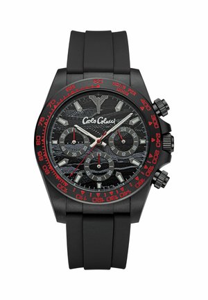 Black wristwatch with red tachymeter scale, three subdials, silver hour markers, white hands, and a black silicone strap.