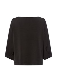 Black cropped top with a wide neckline, 3/4 sleeves, and a smooth texture. Features a simple, unembellished design.