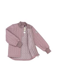 Giacca trapuntata rosa chiaro con collo e polsini a costine, con apertura frontale che mostra una fodera interna liscia e un dettaglio del logo sulla manica.