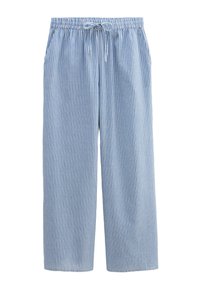 Pantalons de pyjama rayés bleu et blanc avec une taille élastique et un cordon de serrage, comportant des poches latérales et une coupe large et décontractée.