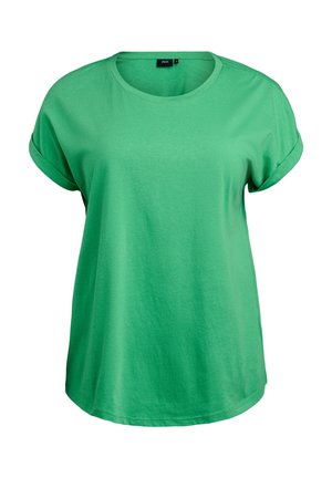 Groen t-shirt met korte mouwen van zachte katoen. Heeft een ronde halslijn en opgerolde mouwen. Casual pasvorm met een gladde textuur en zonder patronen.