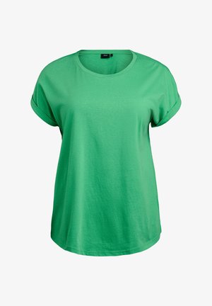 Groen t-shirt met korte mouwen van zachte katoen. Heeft een ronde halslijn en opgerolde mouwen. Casual pasvorm met een gladde textuur en zonder patronen.