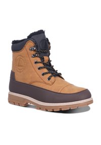 Braune Leder Schnürstiefelette mit einem gepolsterten schwarzen Kragen, Gummisohle und Logo-Details. Verfügt über robuste Metallösen und strukturierte Stoffakzente.