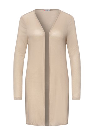 Beige cardigan met lange mouwen, open voorkant, V-hals en licht gebreide stof.