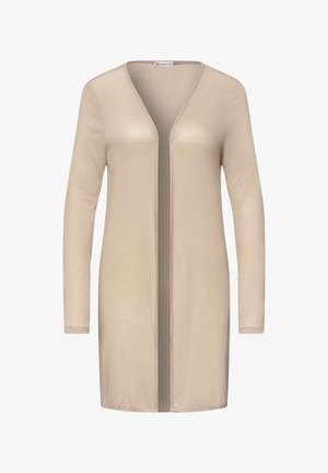 Beige cardigan met lange mouwen, open voorkant, V-hals en licht gebreide stof.