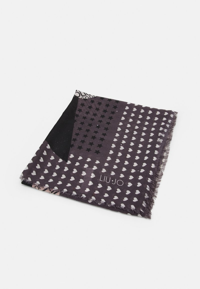 Écharpe sombre pliée avec des motifs blancs de cœurs et d'étoiles et texte "LIU•JO" dans un coin sur fond blanc.