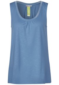 Light blue sleeveless top made from soft fabric. Round neckline with a subtle gathered detail. Trimmed with sparkly accents at the neck.