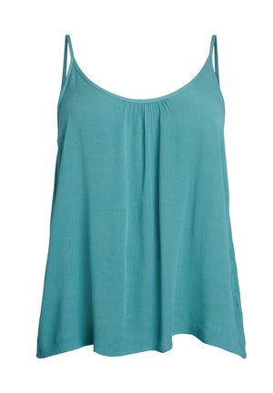 Ateal sleeveless top made of soft fabric, featuring a pleated front and thin straps, with a loose, A-line shape and straight hem.
