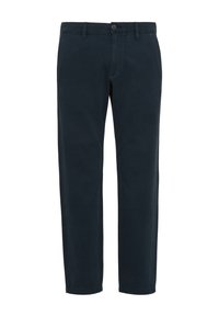 Marineblaue Baumwollchinos mit geradem Schnitt. Verfügt über einen vorderen Knopfverschluss, Seitentaschen und eine glatte Textur. Keine Muster oder Akzente.