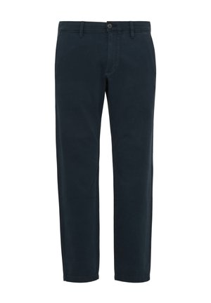 Chinos in cotone blu navy con taglio dritto. Presentano una chiusura frontale con bottone, tasche laterali e una superficie liscia. Senza fantasie o decorazioni.