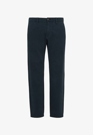 Námořnické modré bavlněné chinos kalhoty se rovný střihem. Mají přední zapínání na knoflík, boční kapsy a hladkou texturu. Bez vzorů nebo akcentů.
