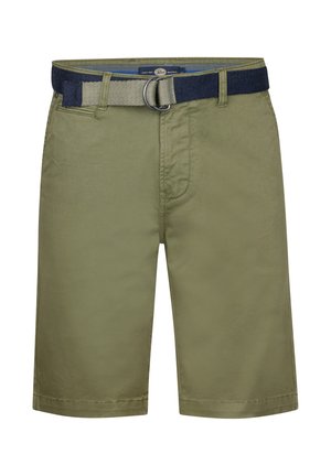 Pantalones cortos verde oliva de algodón con corte recto, que cuentan con un cinturón de tela azul marino y costuras reforzadas en los bolsillos.