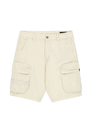 Hellbeige Cargoshorts mit vorderem Knopf- und Reißverschluss, Gürtelschlaufen, zwei Seitentaschen und großen Klappentaschen an jedem Bein.
