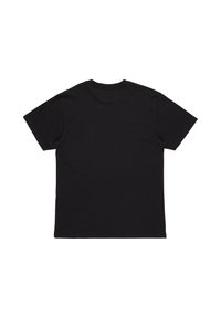 Black cotton t-shirt, regular fit, short sleeves, crew neck, smooth texture, no graphics or patterns, solid color.