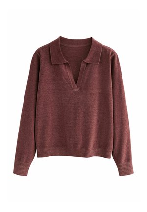 Long-sleeve, maroon knit sweater with open V-neck and collar, ribbed cuffs, and hem, displayed on white background.