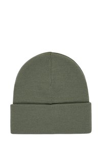 Knit beanie in olive green, featuring a folded cuff. Made from soft material with a smooth texture and a seamless top design.