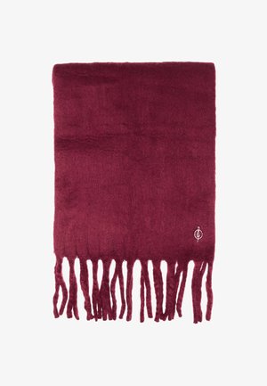 Burgunderfarbener Wollschal mit glatter Textur, fransigen Kanten und einem kleinen Emblem in der unteren Ecke. Rechteckige Form, weicher Stoff.