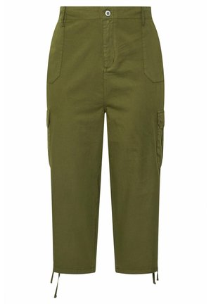 Pantaloni cargo verde oliva con tasche con patta anteriori e laterali, chiusura con bottoni e coulisse alle caviglie.