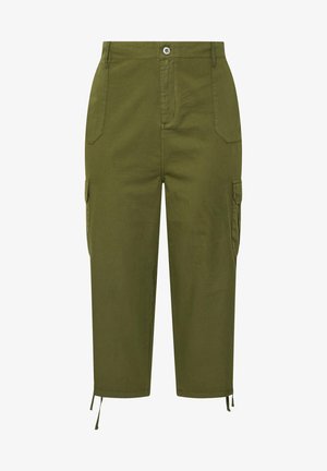 Olijfgroene cargobroek met steek- en zijzakken met klep, knoopsluiting en trekkoorden bij de enkels.