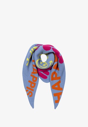 Light blue scarf with a central cutout, featuring bold patterns in pink, yellow, and orange. Made of soft material, designed for neckwear.