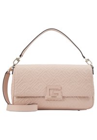 Sac à main matelassé rose avec motif géométrique, doté d'une plaque avec logo, d'une forme structurée, d'une bandoulière amovible et de ferrures argentées.