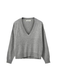 Pulover gri tricotat cu decolteu în V, manșete și tiv cu firișoare, croială lejeră și textură moale. Ideal pentru îmbrăcăminte casual în vreme mai rece.