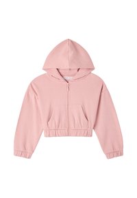 Felpa cropped rosa realizzata in tessuto morbido, presenta una zip frontale, cappuccio regolabile e polsini a costine. Include una tasca frontale.