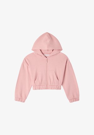 Różowy, krótkie hoodie wykonane z miękkiego materiału, z zamkiem błyskawicznym z przodu, regulowanym kapturem i prążkowanymi mankietami. Posiada kieszeń z przodu.