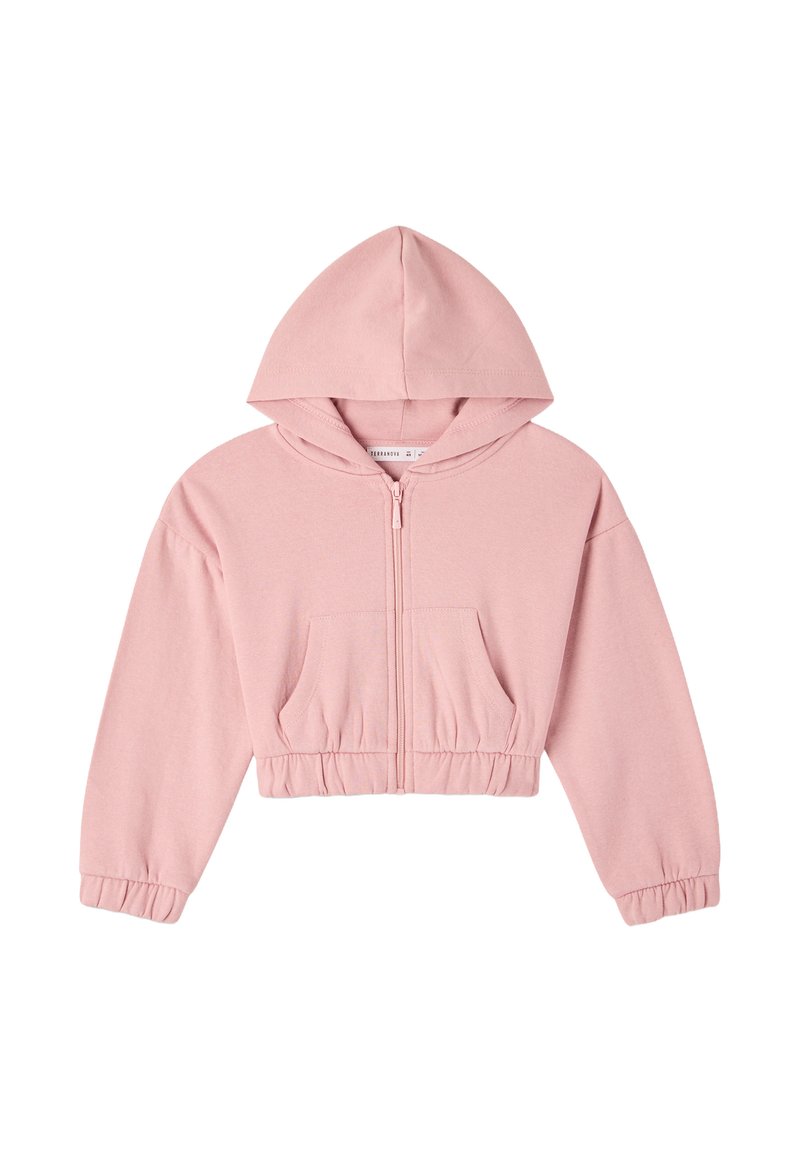Felpa cropped rosa realizzata in tessuto morbido, presenta una zip frontale, cappuccio regolabile e polsini a costine. Include una tasca frontale.