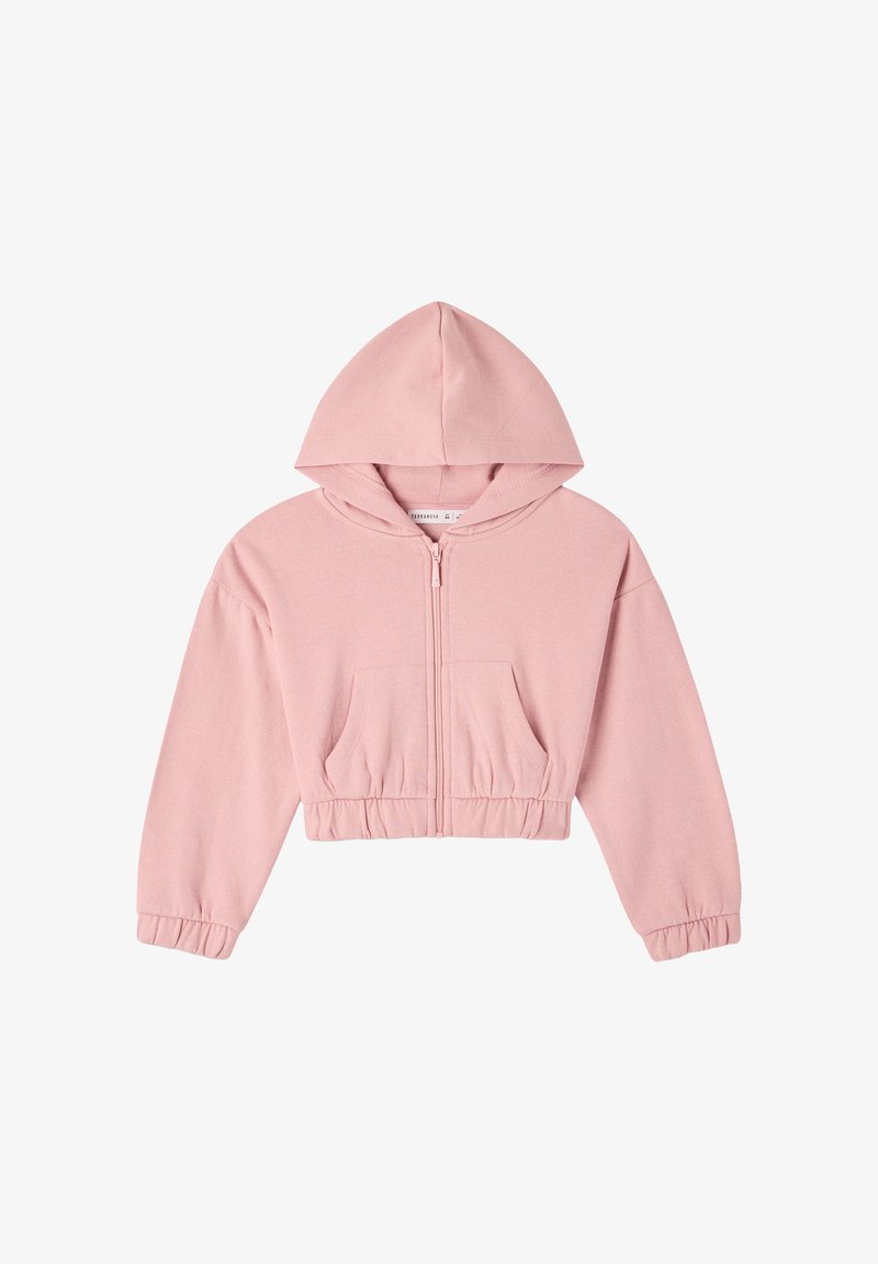 Felpa cropped rosa realizzata in tessuto morbido, presenta una zip frontale, cappuccio regolabile e polsini a costine. Include una tasca frontale.