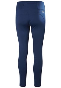 Marineblauwe sportlegging gemaakt van rekbaar materiaal, met een hoge tailleband en een klein ritsvakje aan de achterkant. Overal een gladde textuur.