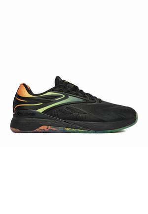 Czarny but do biegania Reebok z zielonymi i pomarańczowymi gradientowymi akcentami, siateczkową cholewką, amortyzowaną podeszwą i wielokolorową wzorzystą podeszwą zewnętrzną.