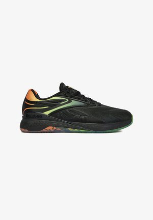Czarny but do biegania Reebok z zielonymi i pomarańczowymi gradientowymi akcentami, siateczkową cholewką, amortyzowaną podeszwą i wielokolorową wzorzystą podeszwą zewnętrzną.