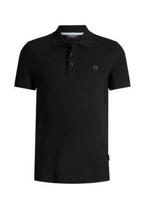 Zwart poloshirt met korte mouwen, twee knopen, een kraag en een klein grijs kruislogo op de linkerborst.