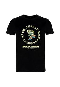 Černé bavlněné tričko s barevným grafikou kostlivce na skateboardu, obklopeného textem, s kulatým designem loga.