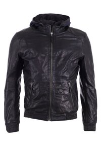 Schwarze Lederjacke mit Kapuze, ausgestattet mit einem vorderen Reißverschluss, zwei seitlichen Reißverschlusstaschen, Rippbündchen und einer glatten Textur.