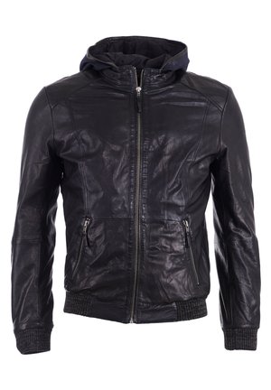 Schwarze Lederjacke mit Kapuze, ausgestattet mit einem vorderen Reißverschluss, zwei seitlichen Reißverschlusstaschen, Rippbündchen und einer glatten Textur.
