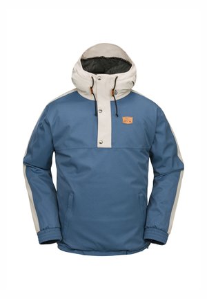 Blue insulated jacket with a cream hood, featuring snap buttons, a front pouch, and contrasting cream side stripes. Textured fabric with elastic cuffs.