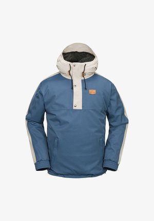 Blaue isolierte Jacke mit einer cremefarbenen Kapuze, ausgestattet mit Druckknöpfen, einer vorderen Tasche und kontrastierenden cremefarbenen Seitenstreifen. Texturiertes Material mit elastischen Bündchen.