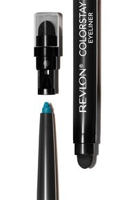 Revlon Colorstay eyeliner with a retractable black body, featuring a vibrant blue tip and a built-in smudger at the opposite end.