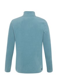 Pullover in fleece azzurro chiaro con colletto alto, maniche lunghe e una texture morbida. Design semplice senza motivi visibili o accessori.