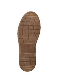 Brown rubber shoe sole with textured tread pattern, featuring rectangular and circular gripping elements for traction. Lightly ribbed border.