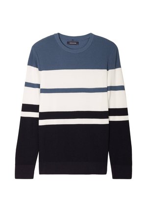 Pull à col rond avec des rayures horizontales bleues, blanches et noires, manches longues, et poignets et ourlet côtelés.