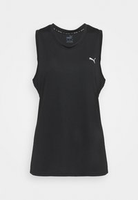 Must mustriga sporttop, mis on musta värvi, ilma varrukateta, ringja kaelusega, tekstuurse kangaga ja väikese valge Puma logoga rinnal. Klassikaline lõige.